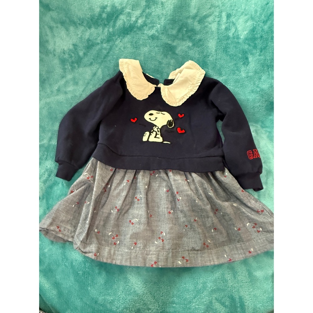 Baby Gap Peanuts Snoopy Navy Sweatshirt Dress‎ Peter Pan Collar Cherry Skirt 4Y